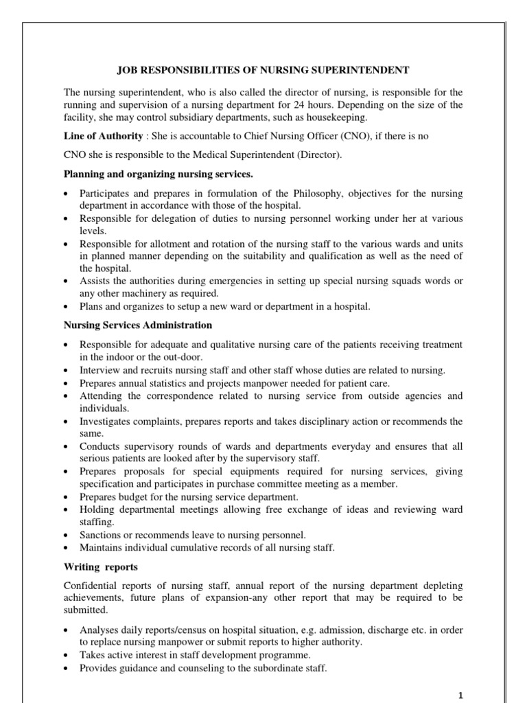 Job Responsibilities Of Nursing Superintendent | Pdf | Nursing | Hospital
