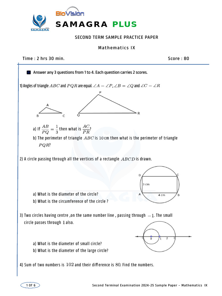 Mathematics IX Sample Practice Paper | PDF | Area | Circle