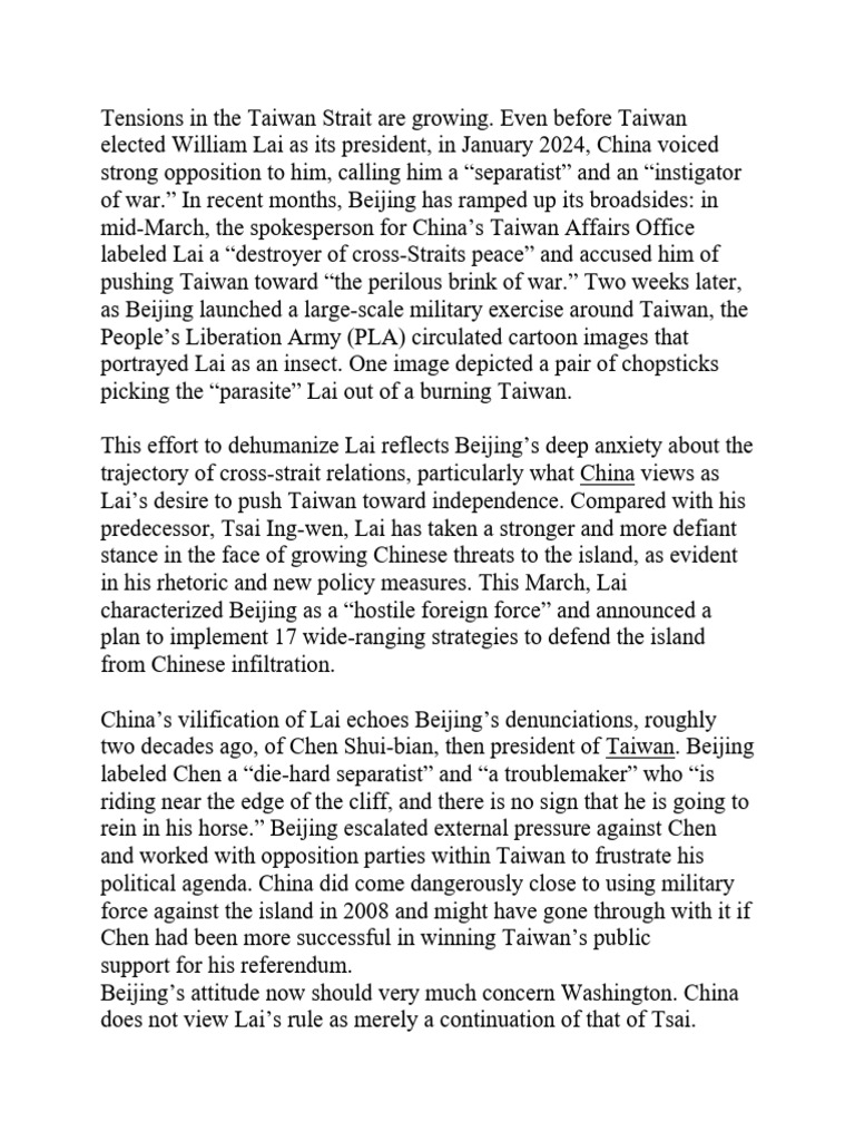 Rising Tensions in Taiwan Strait | PDF | Taiwan | People's Liberation Army