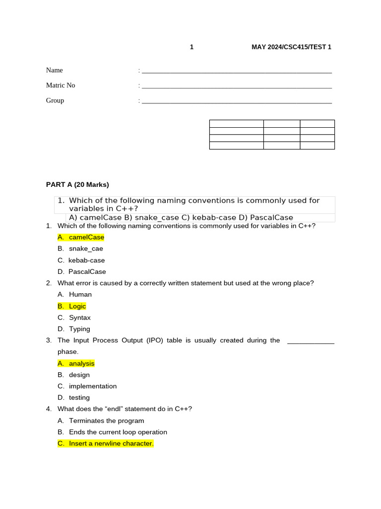 C++ Test Questions and Answers | PDF | C++ | Computer Science