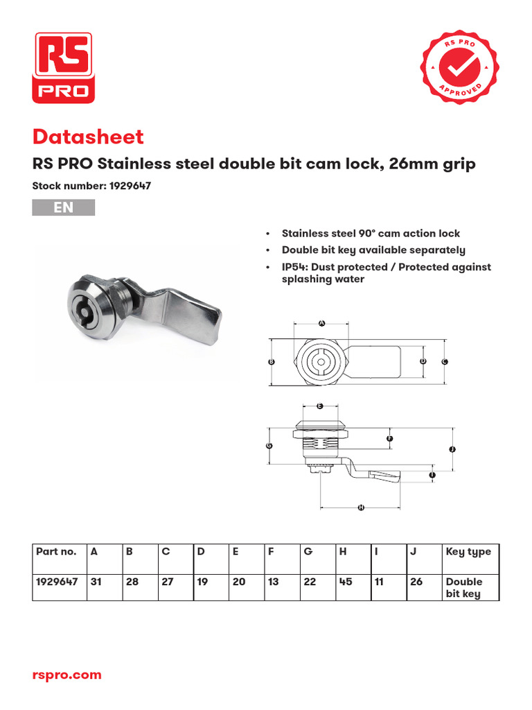 RS PRO Stainless Steel Cam Lock 26mm | PDF