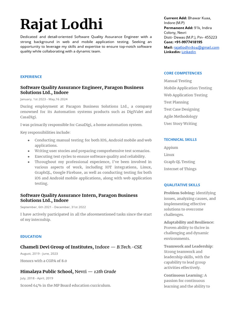 Software QA Engineer Resume Overview | PDF | Software Quality | Software