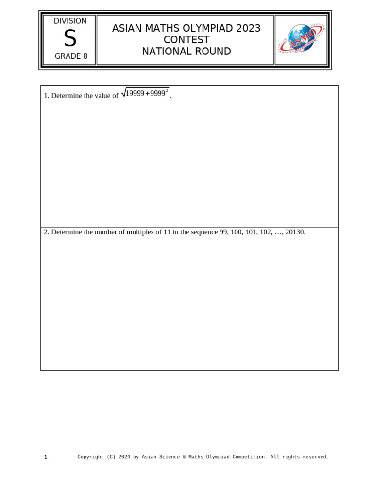 Asian Maths Olympiad 2023 Grade 8 Problems | PDF | Area | Numbers