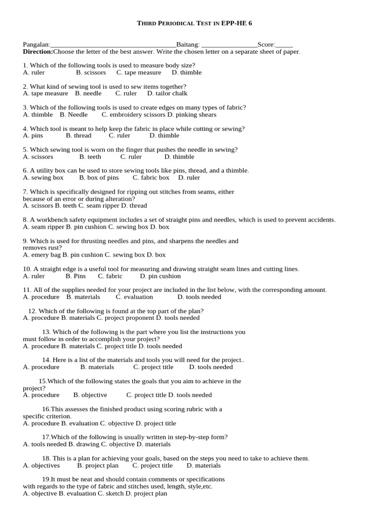 EPP-HE 6 Third Periodical Test Guide | PDF | Sewing | Food Preservation