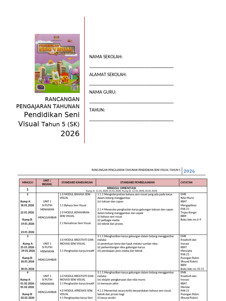 Rancangan Pengajaran Seni Visual 2026 | PDF