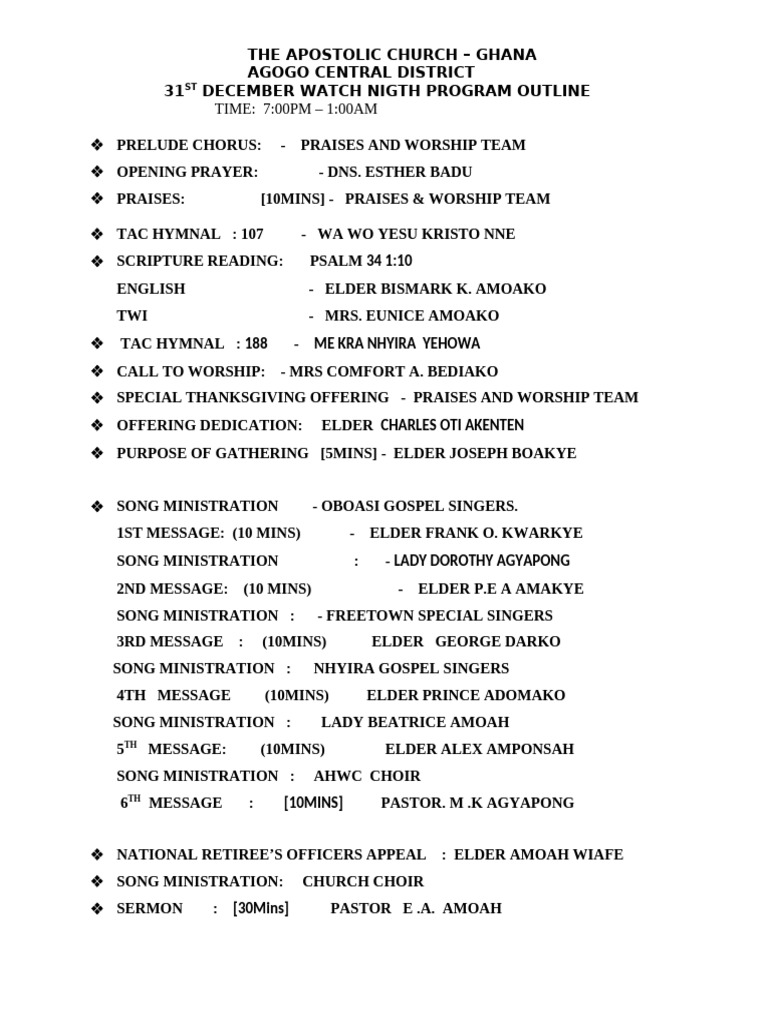 Watch Night Program Outline - Apostolic Church Ghana | PDF