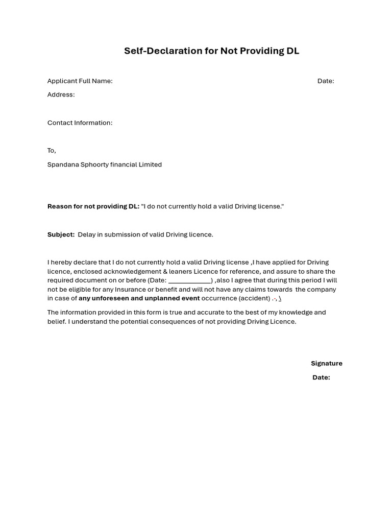 Self-Declaration for Missing Driving License | PDF
