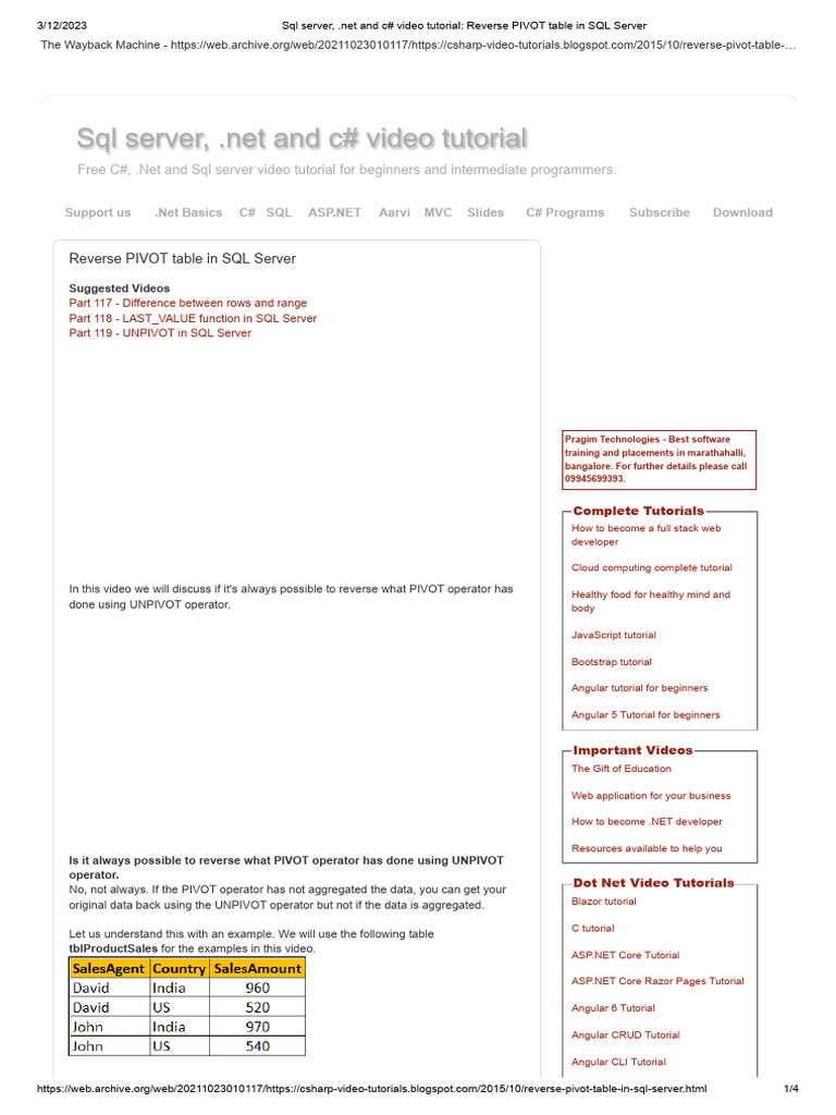 Reverse PIVOT in SQL Server Tutorial | PDF | Language Integrated Query ...