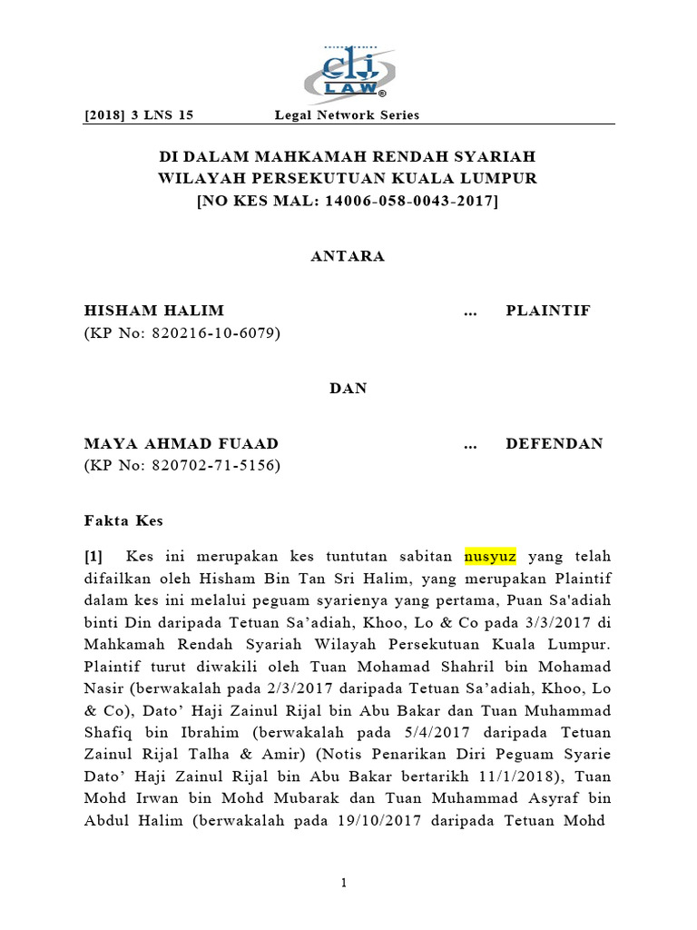 Hisham Halim v. Maya Ahmad Fuaad (2018) 3 LNS 15 | PDF