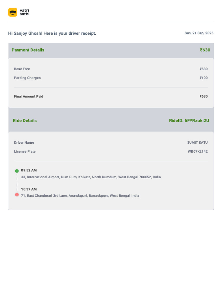 Driver Receipt for Sanjoy Ghosh | PDF