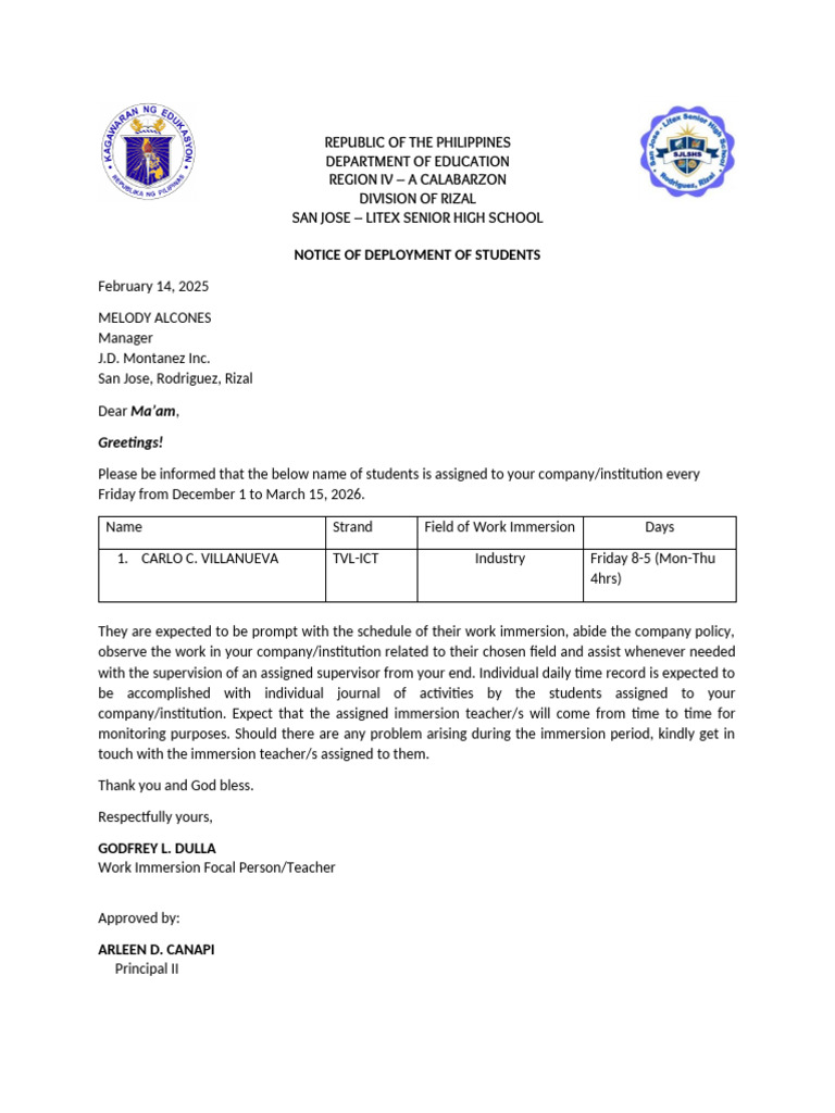 Student Work Immersion Deployment Notice | PDF