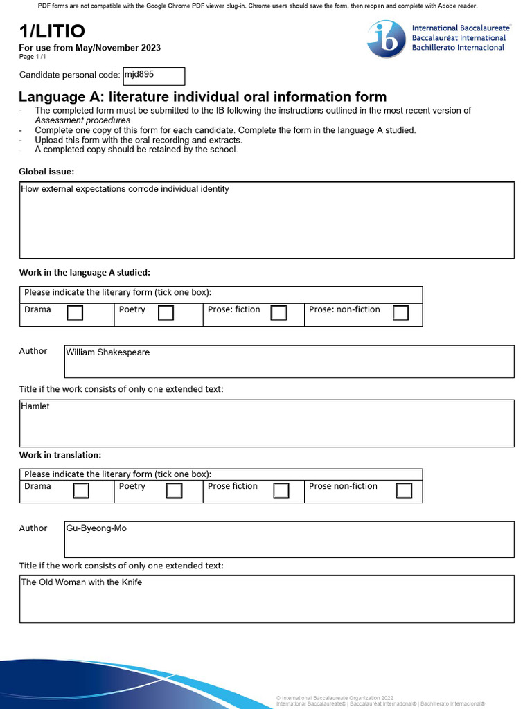 IB Literature Individual Oral Form | PDF