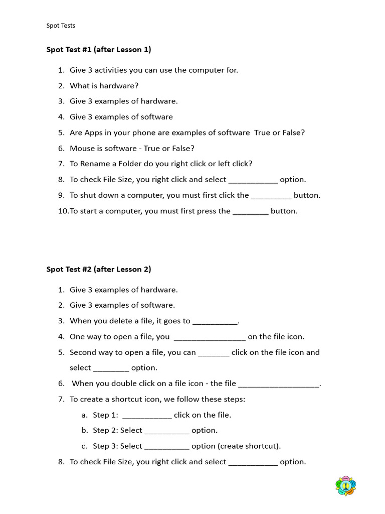 Computer Basics Spot Test Questions | PDF | Computer File | Icon ...