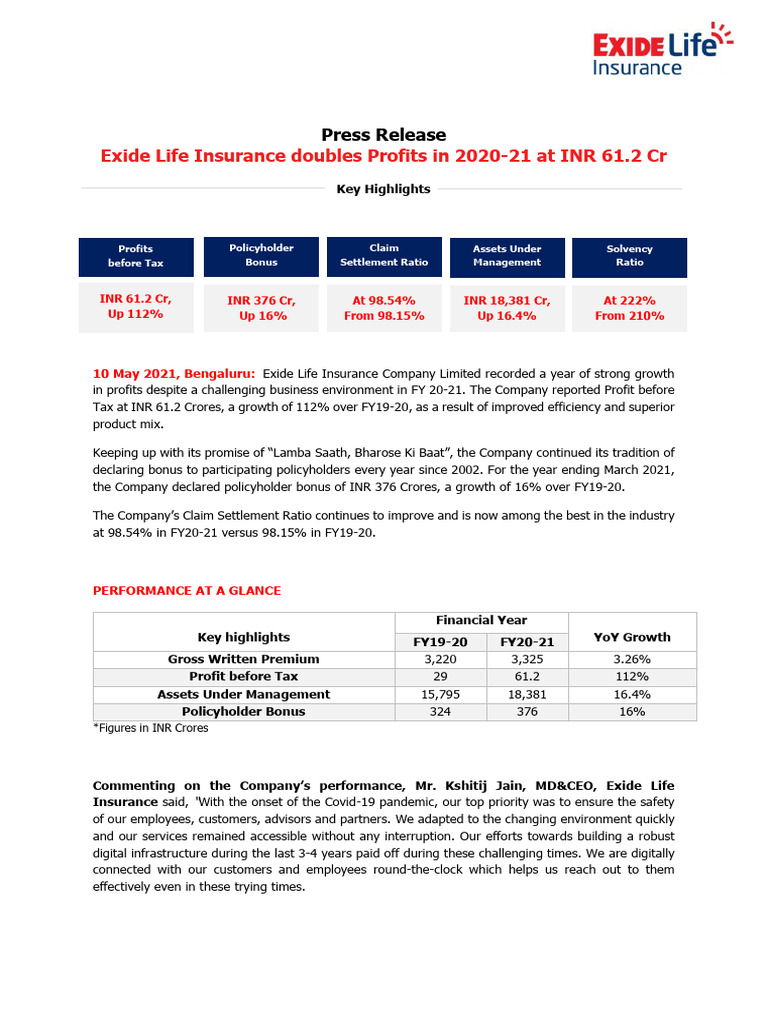 Press Release Fy20 21 Results Exide Life Insurance | PDF | Life ...