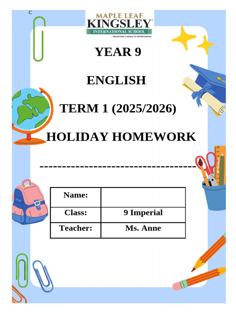 Year 9 English Holiday Homework 2025-26 | PDF