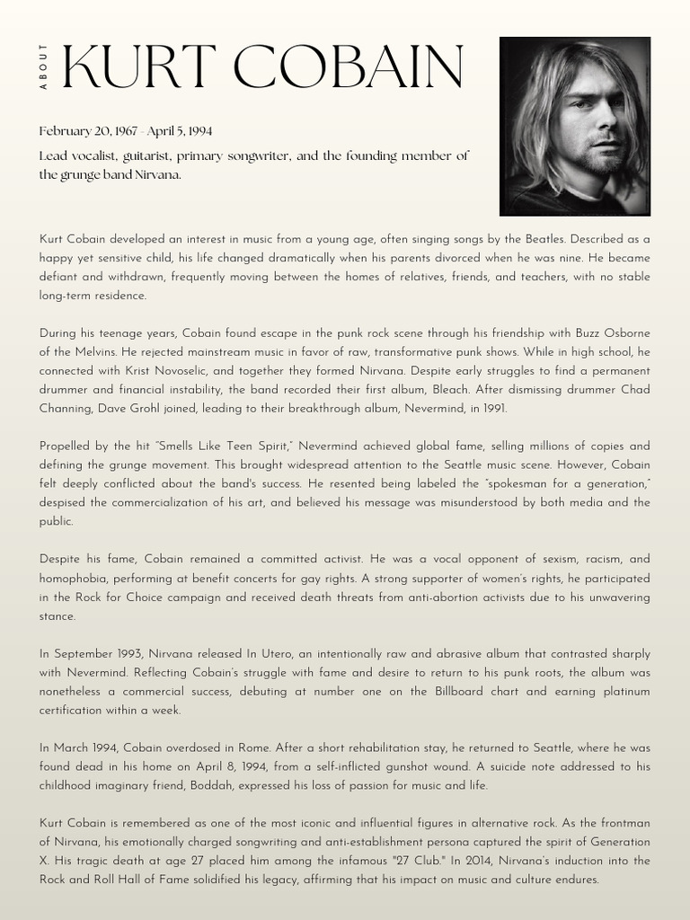 Kurt Cobain: Life, Music, and Legacy | PDF | Kurt Cobain | Nirvana (Band)