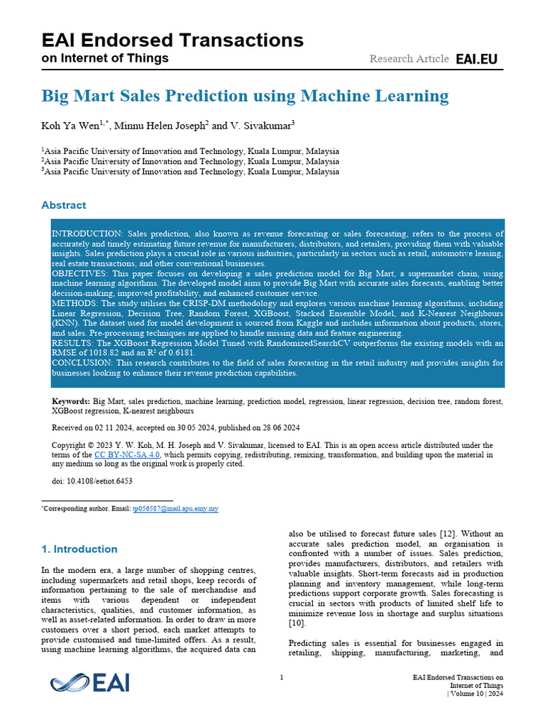 Big Mart Sales Prediction with ML | PDF | Machine Learning | Forecasting