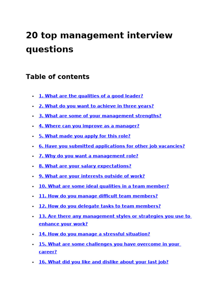 Top 20 Management Interview Questions | PDF | Leadership | Mentorship