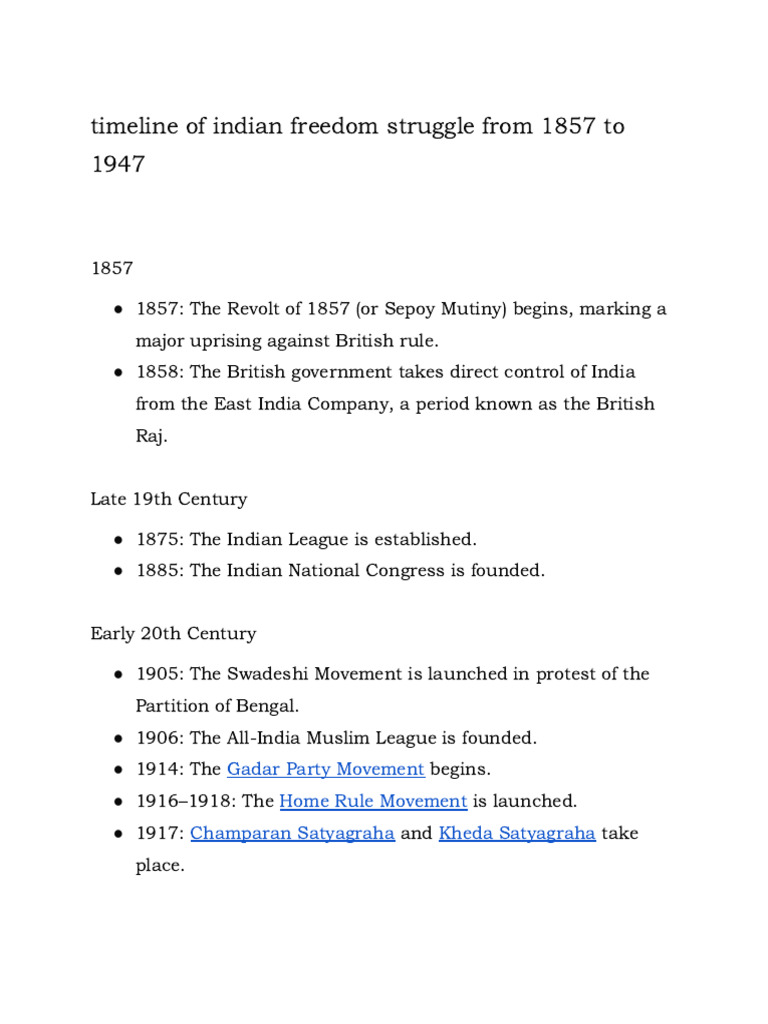 GK Timeline of Indian Freedom Struggle From 1857 To 1947 | PDF