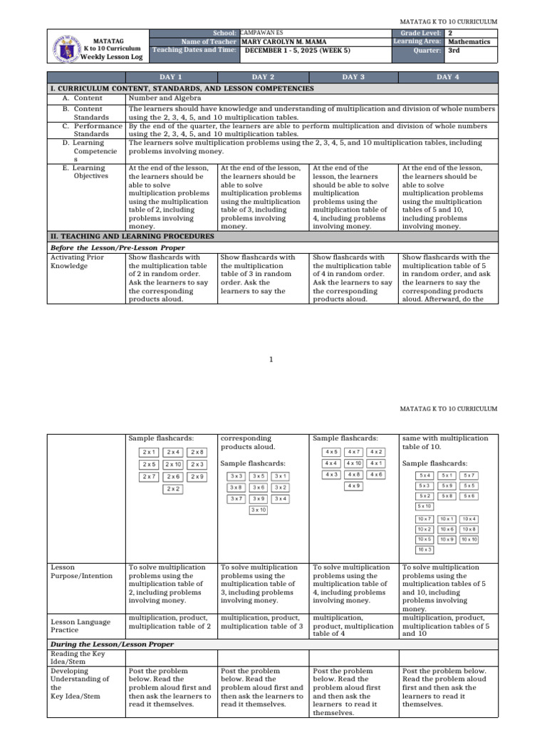 Grade 2 Math Lesson Plan: Multiplication | PDF | Curriculum | Learning