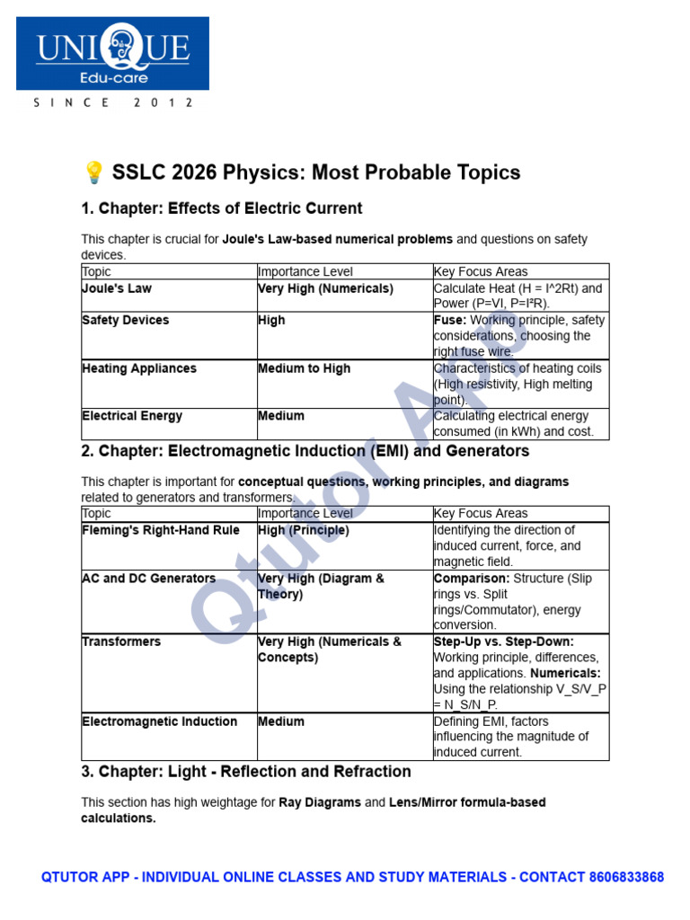 SSLC 2026 Physics Key Topics Guide | PDF | Electromagnetic Induction ...