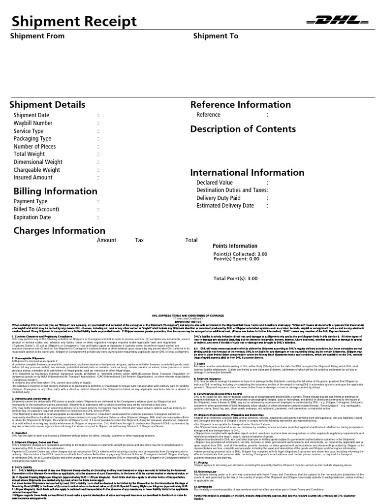 Shipment Receipt for DHL Express Delivery | PDF | Dangerous Goods | Customs