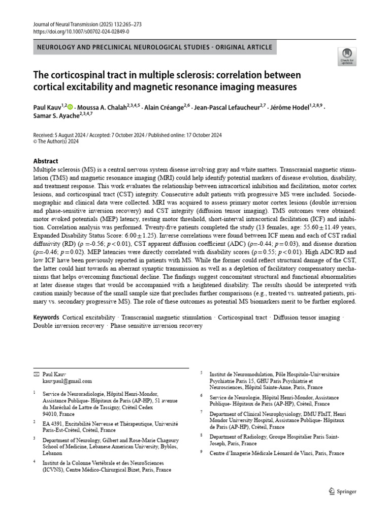 Cortical Excitability in Multiple Sclerosis | PDF | Multiple Sclerosis ...
