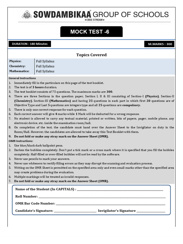 JEE Advanced Mock Test 6 Instructions | PDF | Chemical Compounds ...