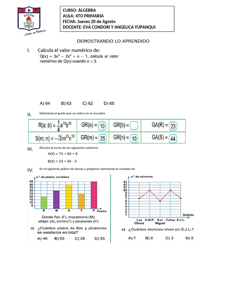 Ejercicios de Álgebra para 4to Primaria | PDF