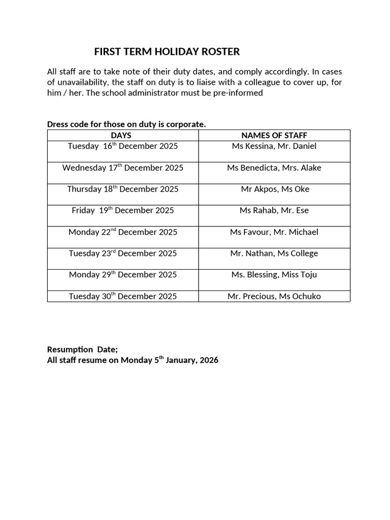 First Term Holiday Duty Roster 2025 | PDF