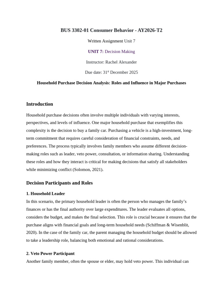 BUS 3302-01 Consumer Behavior - AY2026-T2 Written Assignment Unit 7 ...