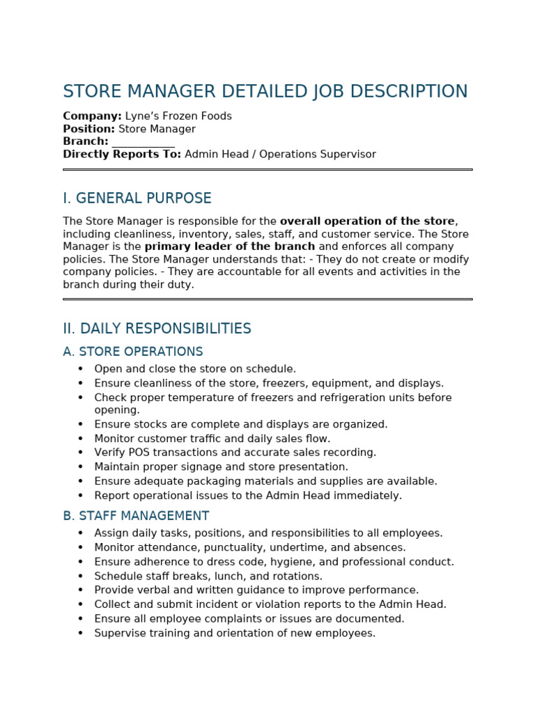 Store Manager Job Description Template | PDF | Point Of Sale | Inventory