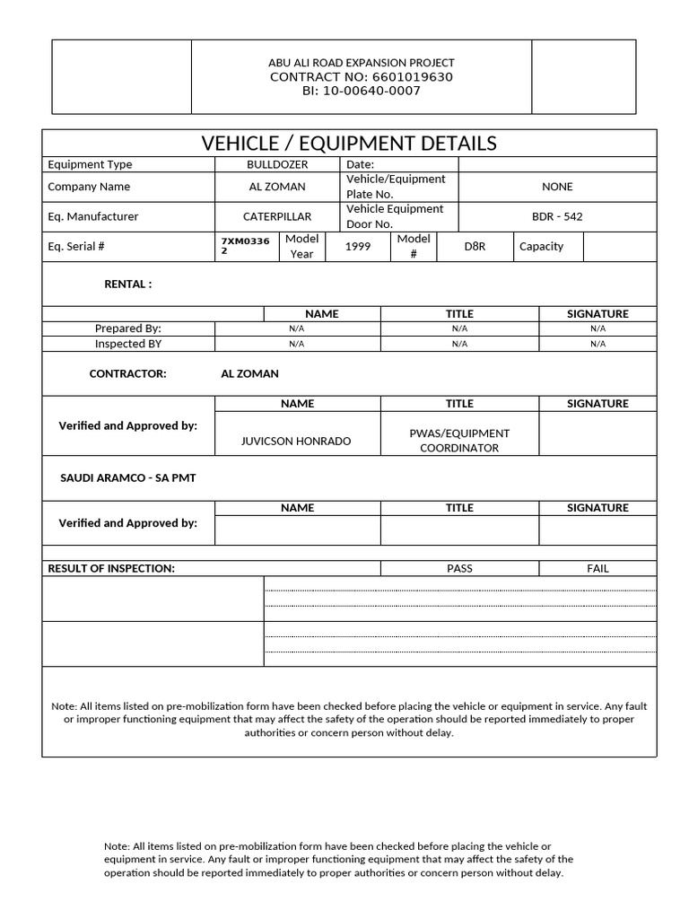 Pre-Mobilization Bulldozer (542) - Documentaion Report - Completed ...