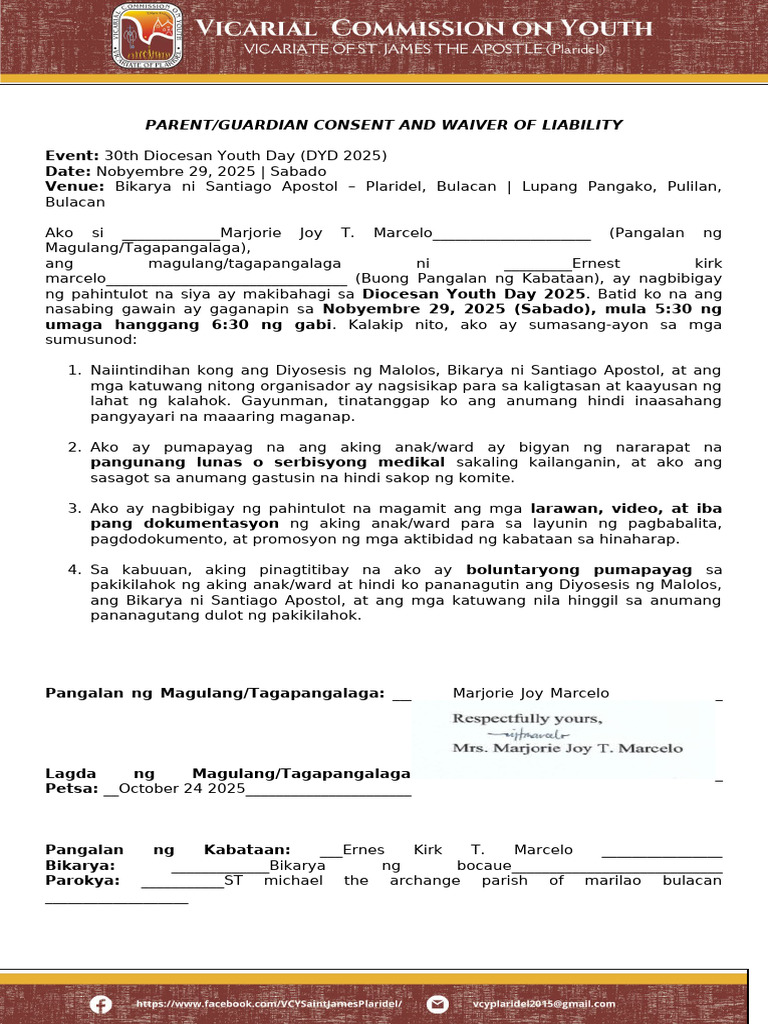 Dyd 2025 Parent Guardian Consent and Waiver of Liability Form | PDF