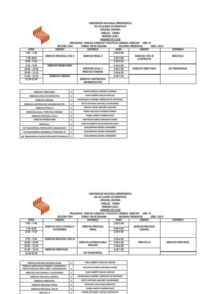 Horario Clases Derecho UNELLEZ 2026-I | PDF | Justicia | Crimen y violencia