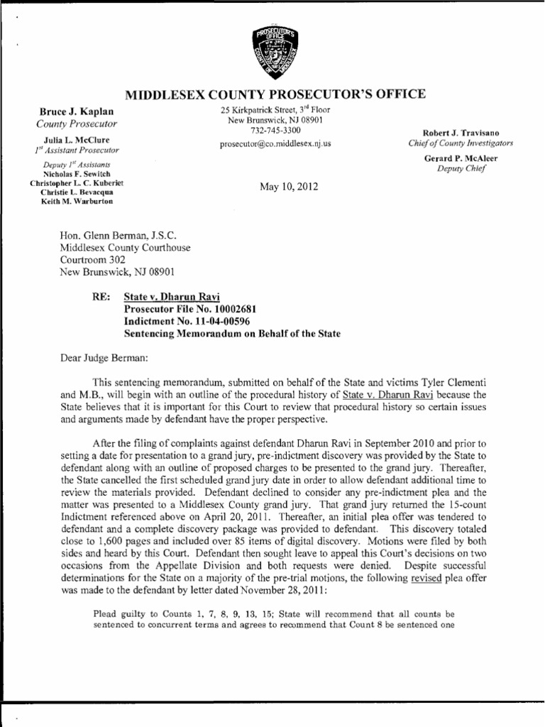Prosecutor's Sentencing Memo in State v. Ravi Crimes Crime & Justice