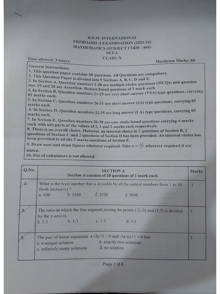 Mathematics Pre Boards-1 2025-2026 Set-A | PDF