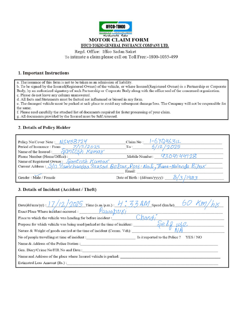 Iffco Tokio Motor Claim Form-Insuerd Payment | PDF