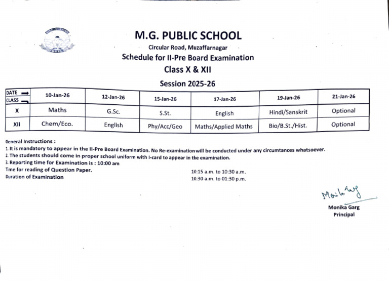 Schedule For II - Pre Board Examination Class - X & XII Session (2025 ...