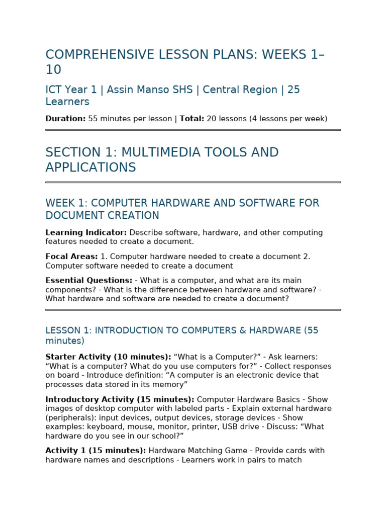 ICT Year1 Comprehensive Lesson Plans Weeks1-10 | PDF | Computer ...