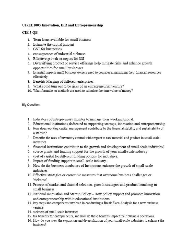 CIE 3 QB U19EE1003 Innovation (4) | PDF | Entrepreneurship | Startup ...