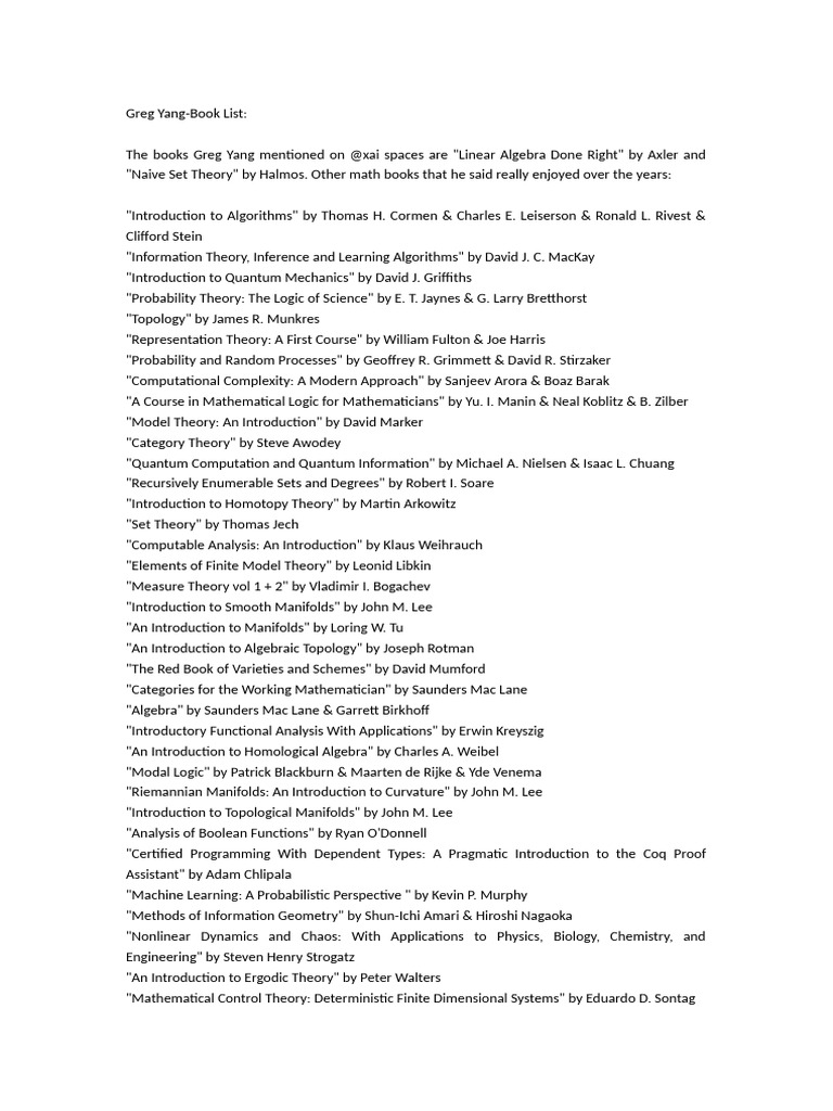 Greg Yang's Recommended Math Books | PDF | Mathematics | Mathematical Logic