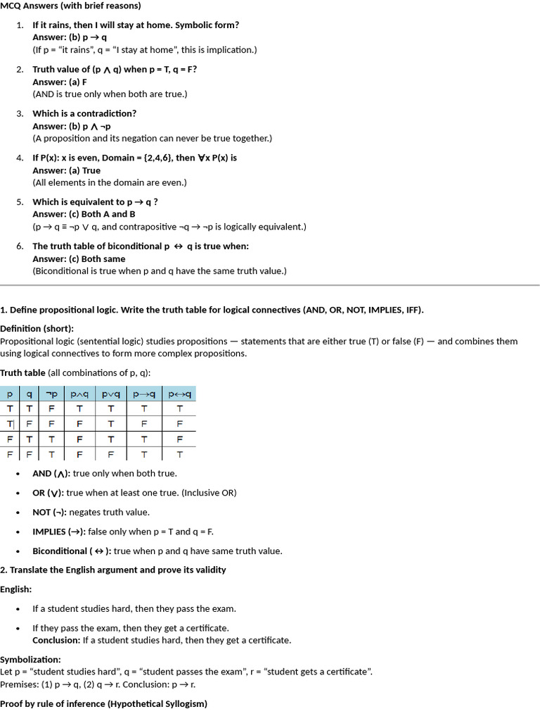 Propositional Logic MCQ Answers and Proofs | PDF | If And Only If ...