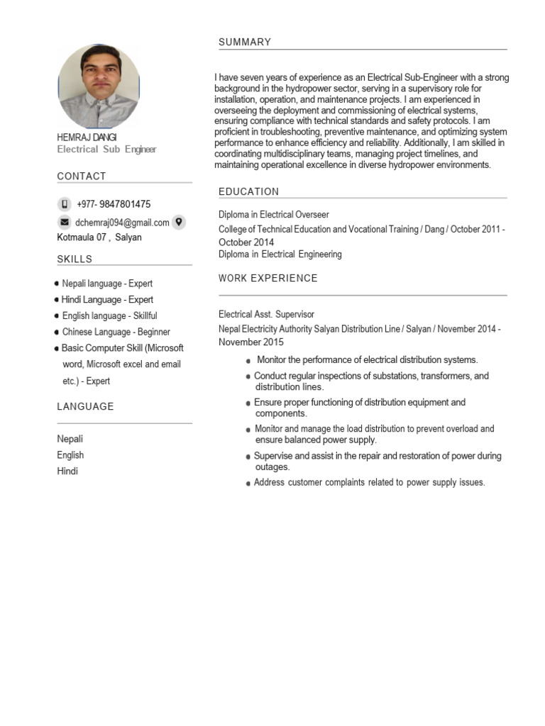 Hemraj Dangi CV Electrical Sub Engineer | PDF | Electrical Engineering ...