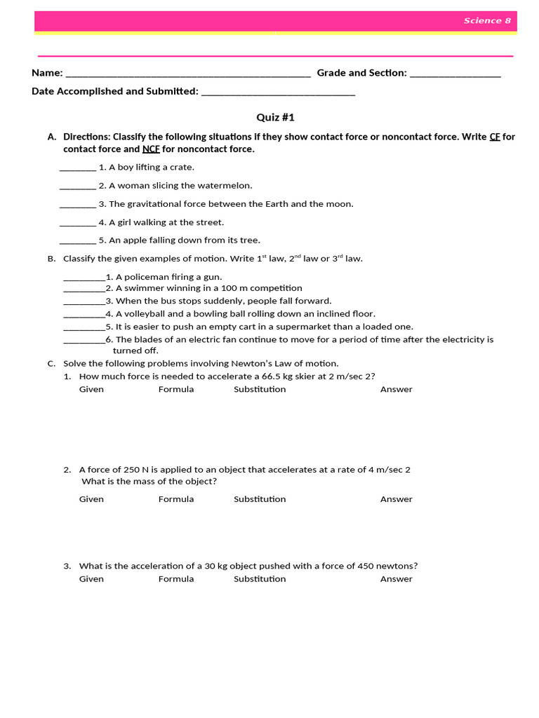 Science 8 Quiz on Forces and Motion | PDF