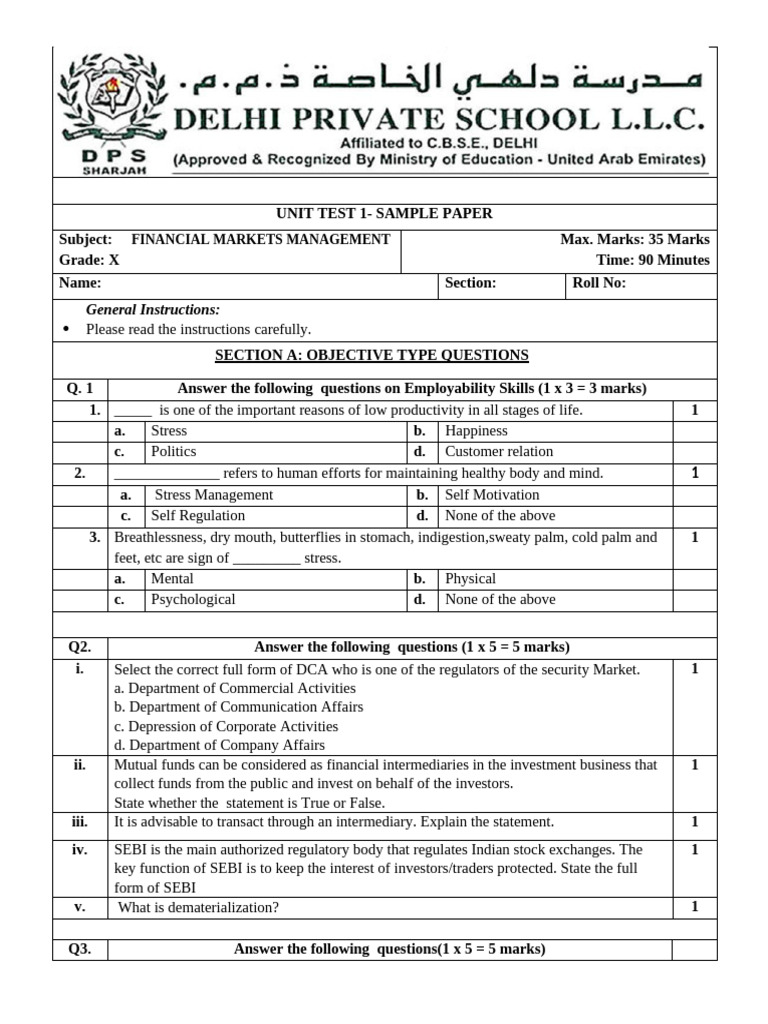 Financial Markets Management Test Paper | PDF | Securities (Finance ...