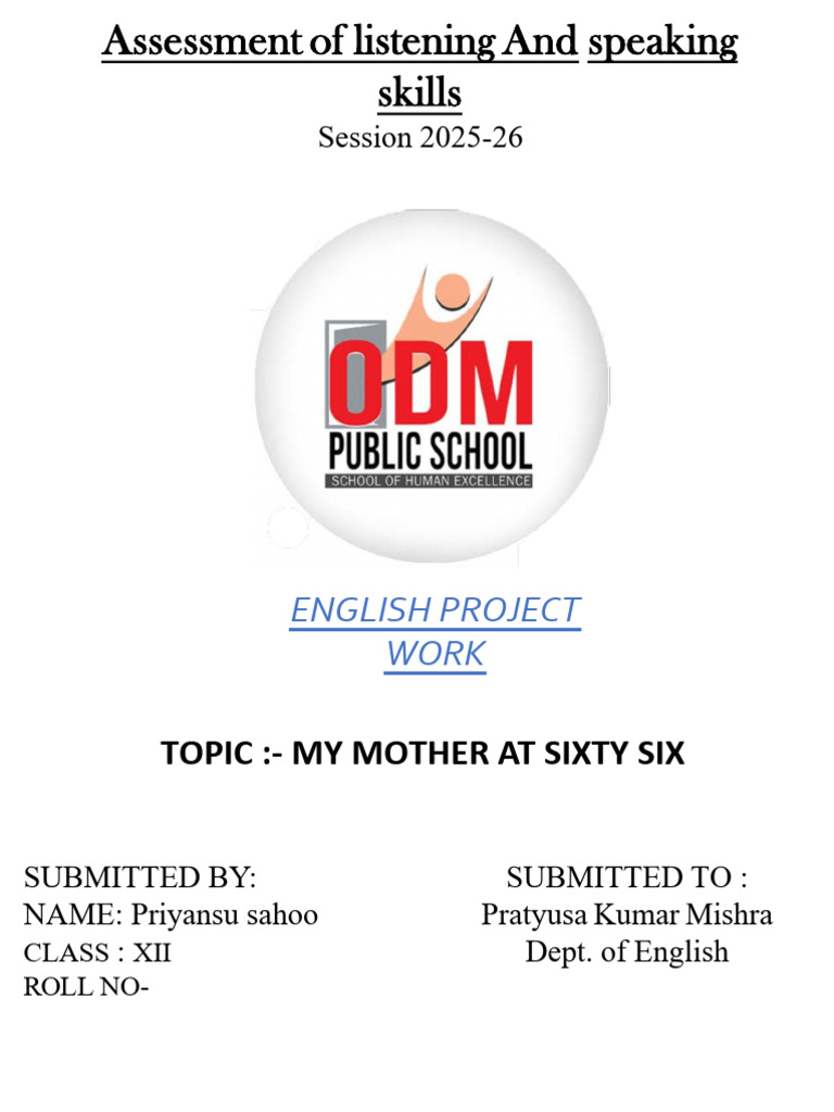 English Project Work: Topic:-My Mot Er at Sixty Six | PDF ...