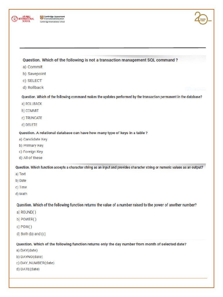 SQL Database Query MCQ Assignment | PDF