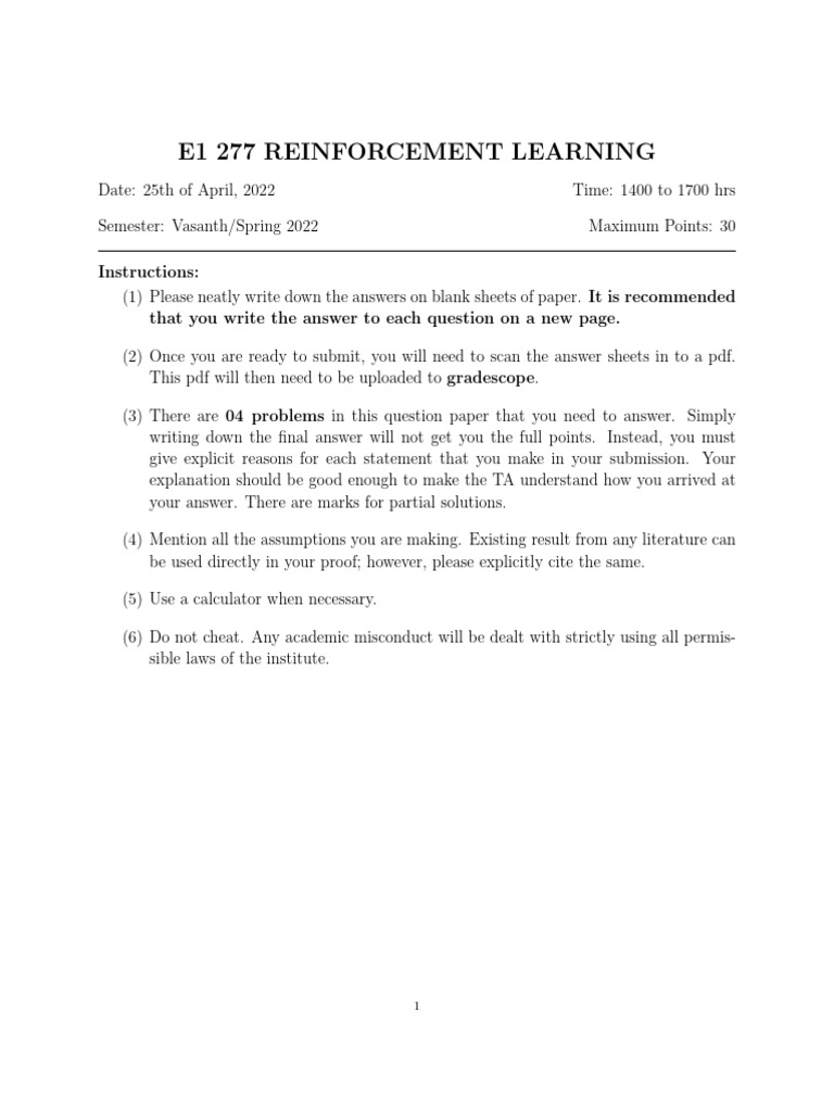 E1 277 Reinforcement Learning Exam Guide | PDF | Function (Mathematics ...