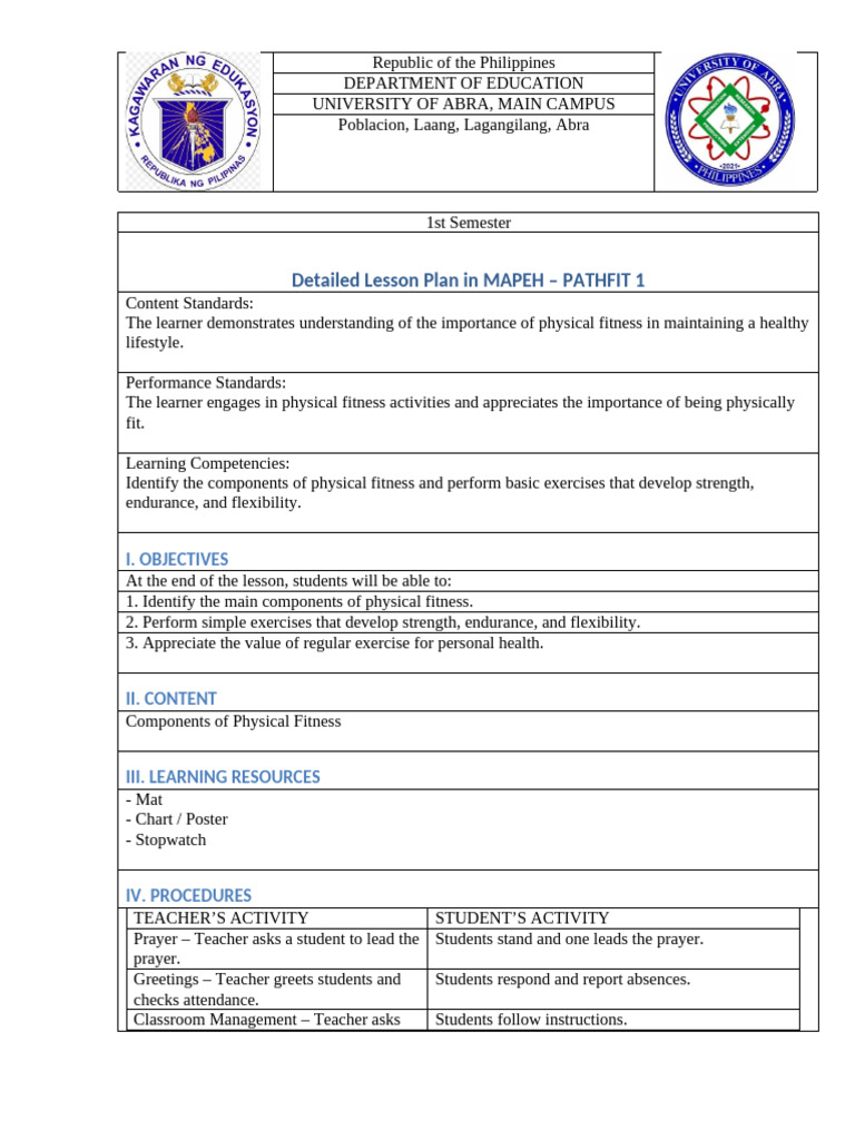 MAPEH Lesson Plan: Physical Fitness | PDF | Teachers | Physical Fitness